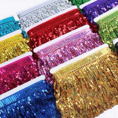 2 Inch Width - Sequin Tassel Lace Trim, Sequin Ribbon Fringe Fabric Material, For Latin Dance Costumes, Stage Curtains, DIY Crafts