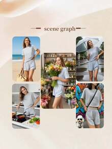 2-Piece Women's Summer New Knitted Round Neck Long-Sleeved Shorts Striped Breathable Pajamas Set - Màu Xám nhạt - Xem 2