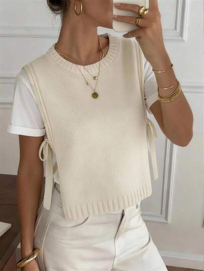 Women's Casual Elegant Knot Side Round Neck Knitted Tops Solid Color Vest Pullover Sleeveless Sweater Casual Simple Style Streetwear School Home Vacation Going Out Outfits Clothes White Tops For Women