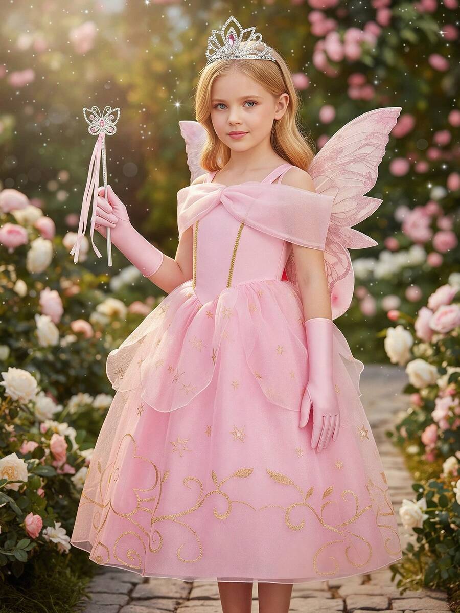 6pcs/Set Girls Pink Floral Pattern Sleeveless Dress, Crown, Magic Wand, Gloves, Wings Costume Set, Children Christmas, Halloween, Carnival Cosplay Dress Suit - Pink - View 1