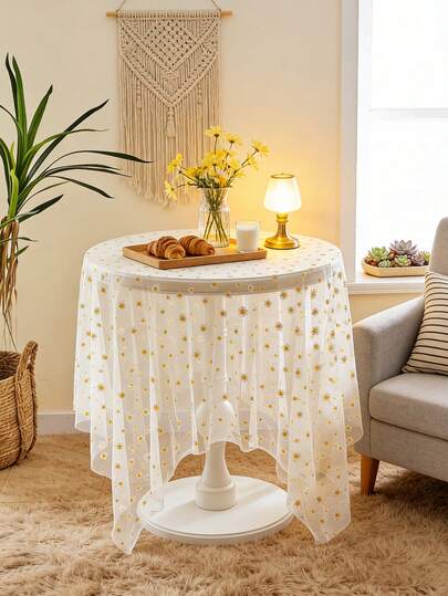 1件春夏蕾丝雏菊桌布，长方形桌布，餐桌布，茶几罩，可水洗，适用于小型圆桌，家居装饰，乡村聚会，晚餐，下午茶，野餐，节日，婚礼，户外活动