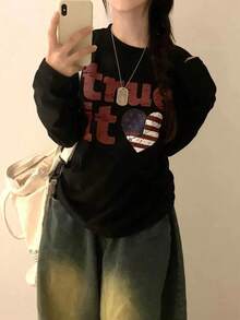 女士复古美式字母印花长袖T恤，休闲圆领套头衫，适合秋冬季穿着，黑色春季款 - 黑色 - 查看 5