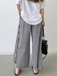 2025新款黑白格子高腰宽松抽绳阔腿裤，女款，春夏款 - 黑與白 - 查看 6