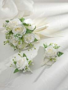 Bộ hoa hồng và hoa baby's breath thanh lịch 3 món/1 món - Bó hoa + Hoa cài áo + Vòng tay, Thích hợp cho cô dâu, chú rể, phù dâu, phù rể, trang trí đám cưới, tiệc tùng, Ngày Valentine. - A - Xem 4