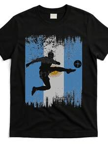 Men's Argentina Soccer Graphic Tee - Retro Vintage Style With Glossy Finish, Black Short Sleeve Shirt Featuring Player & Flag Design, All-Season Comfort, Machine Washable Casual Sportswear For Football Fans, Sports Fan Apparel, Round Neckline Shirt - 黑色 - 查看 2