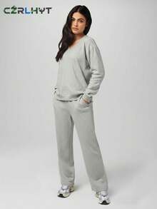 CZRLHYT 女士宽松V领蓬松抓绒卫衣和慢跑裤两件套，休闲舒适两件套，灰色 - 灰色 - 查看 1