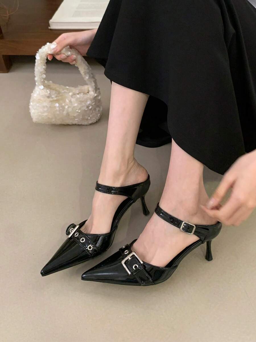 Women's Pointed Toe Slip-On Mule Pumps, High Heel Leather Belt Buckle Stilettos, Fashion Backless Slides, Spring/Summer - Black - View 1
