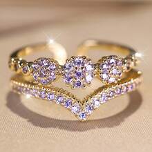 1pc ANGOL Purple Synthetic Zirconia V-Shaped Open Ring, Fashionable Versatile Ring Suitable For Party, Wedding, Daily Wear - Purple - View 1