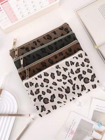 1pc Leopard Corduroy Pencil Case With Smooth Zipper, Available In Multiple Colors And Styles, Can Be Used As Stationery Organizer, Pencil Box Or Cosmetic Bag For Items Like Eyebrow Pencils And Lipsticks, Versatile For Office Supplies, School Needs And Commuting, Ideal Choice For Working Professionals