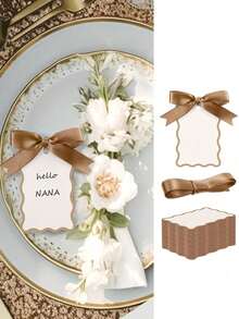 6/24/48pcs Scallop Shape Name Cards With Ribbons, DIY Wedding Table Number Cards With Name Cards And Ribbons, Wedding Party Supplies (Brown) - Brown - View 2