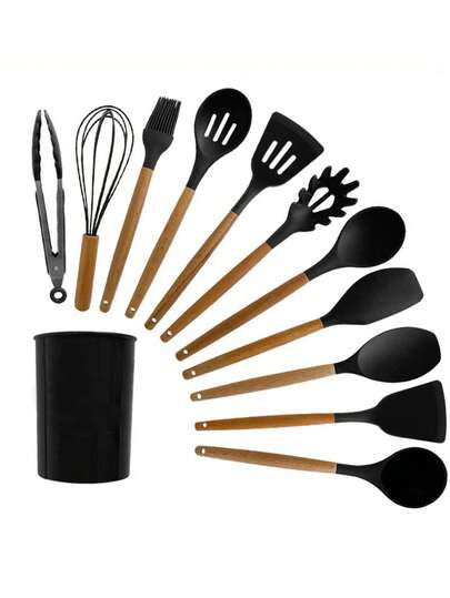 12pcs Silicone Cooking Utensil Set With Storage Bucket, Wooden Handle, Material, Non-Stick, Heat Resistant, Suitable For Professional Cooking, Baking, Mixing, Tongs, Applicable For Multi-Cuisine, Ideal For Professional Chefs
