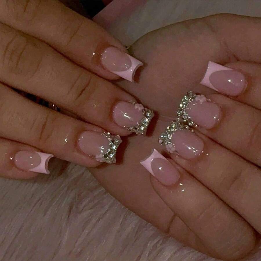 Exquisite Fashion New Wear Nail Pink French Polka Dot Broken Diamond Cross-Border Explosion Nail Art Piece Finished Product 24 Pieces Fake Nail Sticker - BZ1624 金粉閃光 - 查看 1