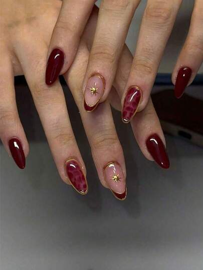 24pcs Almond Shaped 3D Gel Nail Stickers, Can Create Star, French Manicure, Leopard Print And More Nail Art Designs, Perfect For Acrylic Nails. Set Includes: 1pc Jelly Gel And 1pc Nail File. Burgundy And French Manicure Nails, Suitable For Women's Daily Work, Festivals And Parties. Nail Supplies