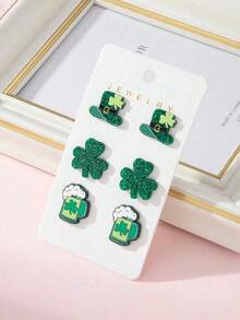 3 Pairs/Set Creative Fun St. Patrick's Day Green Hat Lucky Grass Wine Glass Earrings Can Be Used As Gifts - Multicolor - View 3