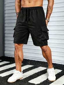 1 pezzo Pantaloncini cargo da uomo di colore unito, casual da strada, stile hip hop, per uso quotidiano, tempo libero, moda versatile, allenamento sportivo, pantaloncini bermuda estivi - nero - Visualizzare 2