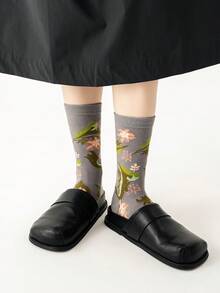 6/4/2/1 双装女士彩色3D立体花卉中筒袜，时尚可爱，春秋季棉质 - 彩色 - 查看 3