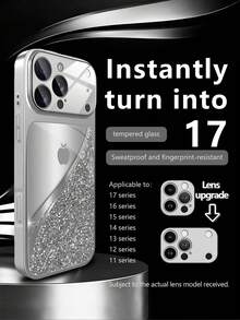 1个新款奢华时尚银色水钻拼接灰色苹果图案豪华大视野钢化玻璃镜头保护手机壳，兼容 17/17Pro/17ProMax/17Air/16/16Pro/16ProMax/16Plus/15/15Plus/15Pro/15ProMax/14/14Plus/14Pro/14ProMax/13/13Pro/13ProMax/12/12Pro/12ProMax/11/11ProMax，磨砂防摔，金属漆全覆盖高端保护壳