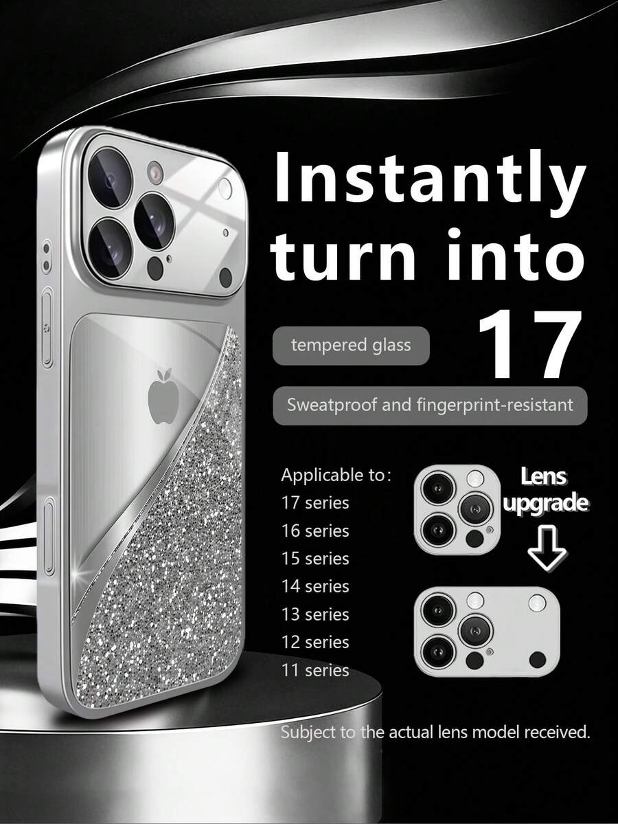 1个新款奢华时尚银色水钻拼接灰色苹果图案豪华大视野钢化玻璃镜头保护手机壳，兼容 17/17Pro/17ProMax/17Air/16/16Pro/16ProMax/16Plus/15/15Plus/15Pro/15ProMax/14/14Plus/14Pro/14ProMax/13/13Pro/13ProMax/12/12Pro/12ProMax/11/11ProMax，磨砂防摔，金属漆全覆盖高端保护壳