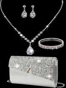 女士钻石珠宝闪耀奢华水钻珠宝套装闪亮项链耳环手链套装亮片皱纹手提宴会包V形翻盖信封包手提包宴会包钱包手提包优雅手提宴会包女士舞会手提包女士新娘宴会包舞会手提包金属链手提包婚礼派对手提包鸡尾酒会婚礼新款钱包宴会包