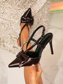 女士法式优雅交叉蝴蝶结闭趾细高跟凉鞋，通勤装 - 棕色 - 查看 1