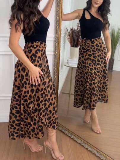 ChicMe Falda midi envolvente con estampado de leopardo para mujer, vestido casual de talle alto y línea A fluido para uso diario y citas