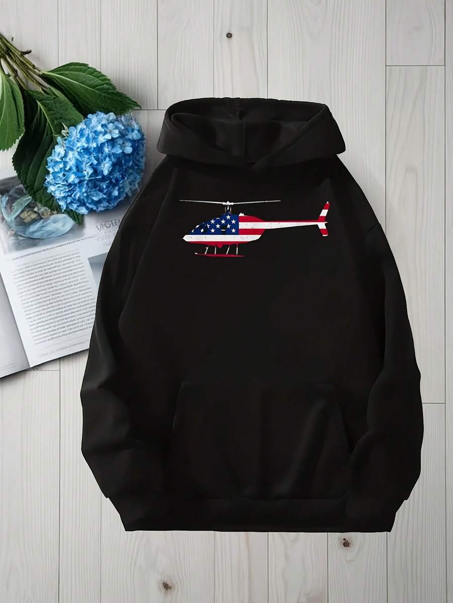Men-S And Women-S Soft Pullover Sweatshirt - Black Helicopter And Flagation Graphic, White Stripe Pocket, Hine Washable Casual, -Inspired Design, Unisex Sportswear For Casual A_390 - 黑色10 - 查看 1