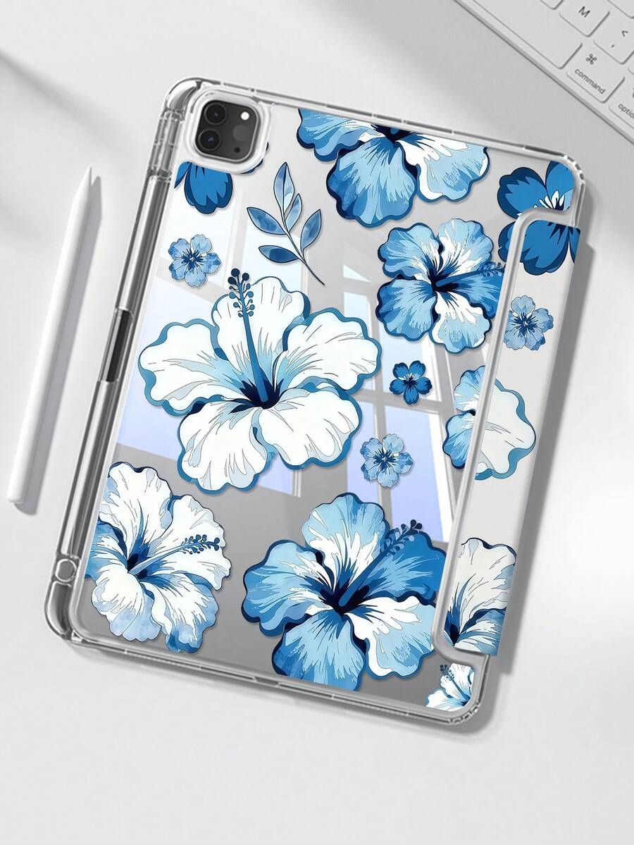 优雅可爱的卡通油画蓝色花卉双面亚克力透明水晶后盖，防震耐用，适用于iPad 7、8和10代（10.2英寸）。内置笔槽，支持睡眠/唤醒功能和多种折叠支架模式。是2026年新年和圣诞节的理想礼物。 - 彩色 - 查看 1