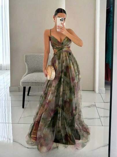 Vestido De Mujer Nuevo Estilo De Malla Vestido Halter Estampado Vacaciones Vestido Largo Casual