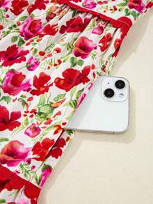 Acelitt Red Floral Puff Sleeve Tiered Ric Rac Pocketed Mini Dress - Multicolor - View 9