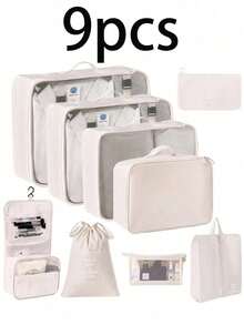 9pcs Travel Organizer Set - Large Capacity Foldable Luggage Bag, Waterproof Cosmetic Bag, Skincare Organizer, Suitable For Autumn/Winter Travel, Includes Packing Cubes, Shoe Bag, Drawstring Bag, Toiletry Bag For Makeup Brushes, Sanitary Pads, Lipstick, Eyeliner, Lip Gloss, Toothbrush, Soap, Shampoo, Comb, Watch, Phone, Necklace, Jewelry, Electronics - Multicolor - View 12