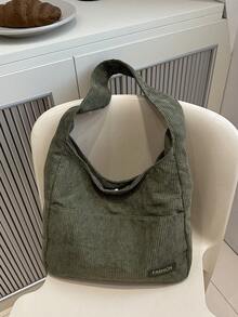 Nueva bolsa de hombro de pana de unicolor y versátil, bolso baguette minimalista casual, bolso cubo grande - Verde - Ver 11