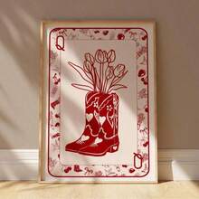 1pc Vintage Queen Of Hearts Playing Card Canvas Wall Art, Cowgirl Floral Boots Poster, Red Retro Decor, Suitable For Bedroom, Living Room Or Bar Cart, Dorm, Wall Decor Gift, Frameless Or Framed Option