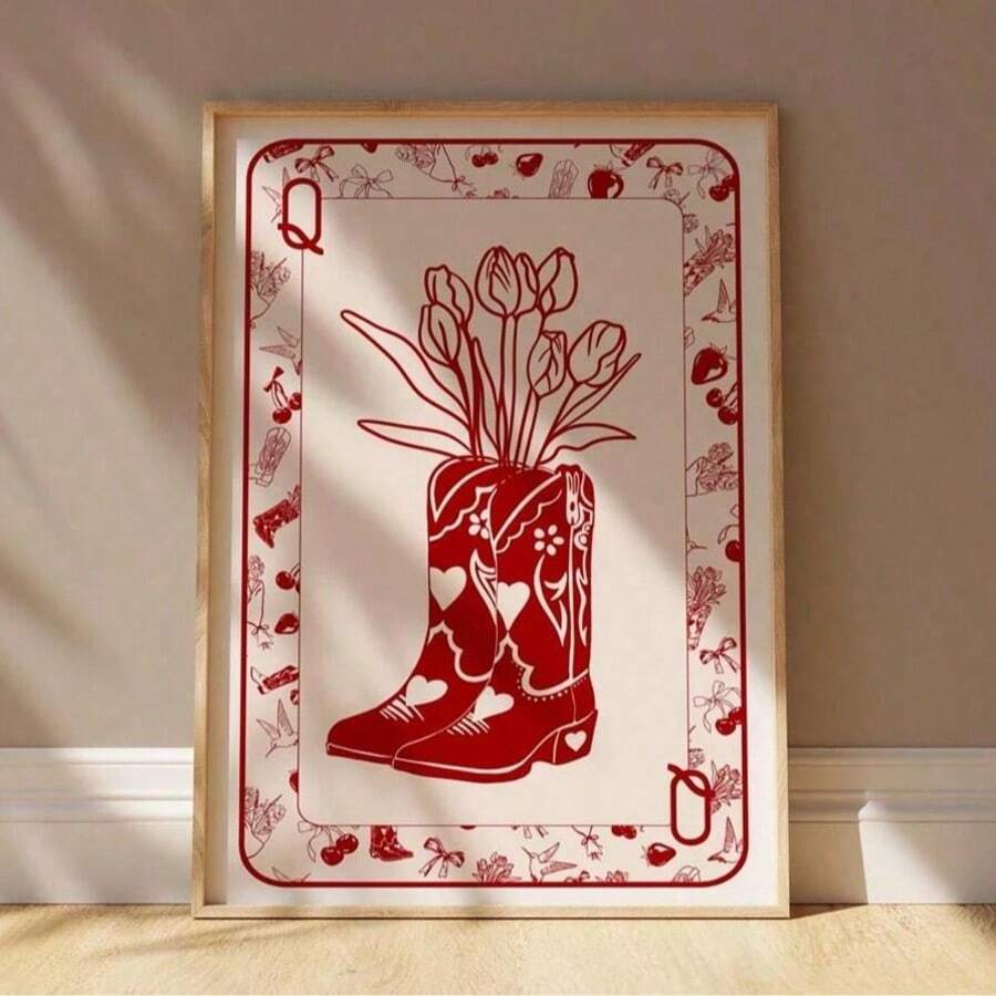 1pc Vintage Queen Of Hearts Playing Card Canvas Wall Art, Cowgirl Floral Boots Poster, Red Retro Decor, Suitable For Bedroom, Living Room Or Bar Cart, Dorm, Wall Decor Gift, Frameless Or Framed Option