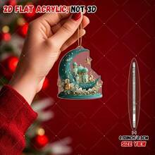 1 pieza Decoración de media luna y mezquita de estilo islámico en 2D plano, de acrílico - Colgante de arquitectura islámica en azul turquesa/dorado con plantas verdes y caligrafía árabe, decoración colgante ligera, adecuada para Ramadán, Eid, Ramadán y decoración de oficina, 2D plano - Multicolor - Ver 3