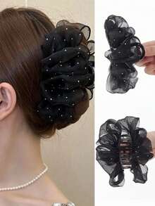 蓬松云朵泡泡发夹 - 黑色薄纱水钻发夹，女士适用，适合盘发/丸子头/马尾辫，牢固时尚的发饰
