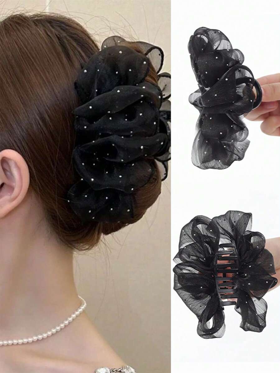 蓬松云朵泡泡发夹 - 黑色薄纱水钻发夹，女士适用，适合盘发/丸子头/马尾辫，牢固时尚的发饰
