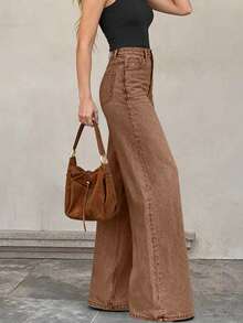 Women's Elegant Brown Wide Leg Jeans With Button Pockets And Zipper Decor, Casual & Versatile, Medium Stretch - Coffee Brown - View 4