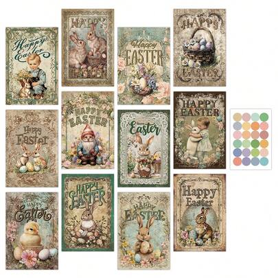12 Stücke Vintage Oster-Hasen & Ei Postkarten Set - Frühlings Blumen Hasen Wandkunst Dekoration für Zuhause & Zimmer - Fröhliche Ostern Wandcollage Set, Feiertags Dekorative Karten, perfekt zum Basteln und Verschenken