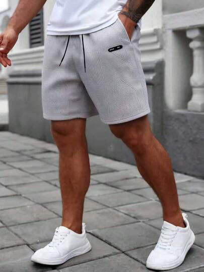 男士纯色提花纹理面料抽绳短裤，带口袋，夏季休闲百慕大短裤，男士街头风短裤，男士纹理短裤，适合日常穿着，2000年代风格