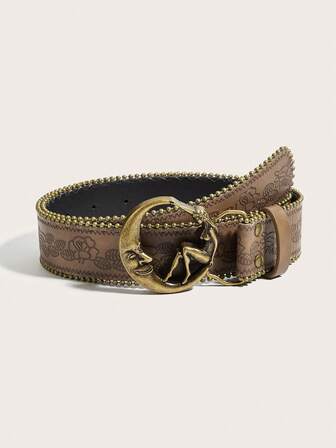 1pc Bohemian Vintage Moon Bronze Metal Brown Patterned PU Cowgirl Belt For Women, Suitable For Daily Wear, Fashion Style, Outdoor Activities, Gatherings, Parties, Christmas, Valentine's Day, Back To School, Halloween, Music Festivals, Autumn/Winter Accessories, All Season Outfits, Women, Mothers, Commuting, Vacation, Graduation Gift, Birthday