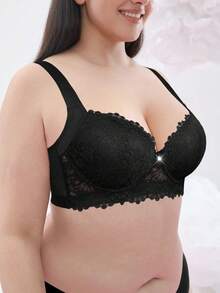 Plus Size Women Lace Padded Push Up Bra - Anti-Sagging, Minimalist & Skin-Friendly, Comfortable & Sexy, Holiday Gift - Black - View 8
