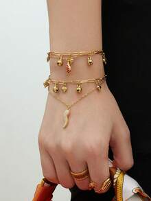 Women's Bracelet - 1 Gold Fashionable Versatile Stackable Stainless Steel Hollow Heart Bell With Diamond Inlay, Chili Pepper, Oil Drop, And Insect Pendants - Valentine's Day - Everyday Wear - Gift