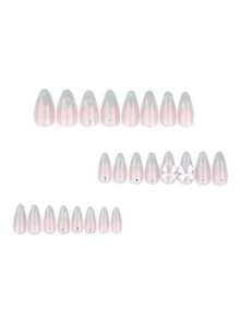 24片中长款杏仁形渐变猫眼优雅简约3D蝴蝶结日常百搭假指甲，附赠1个指甲锉和1瓶果冻胶，提升您的美甲造型