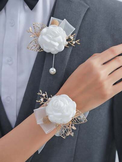 1pc/2pcs Premium Rose Flower With Metal Alloy Brooch And Wrist Corsage, Suitable For Groom, Bride, Groomsman, Bridesmaid, Wedding, Engagement, Formal Events, Parties