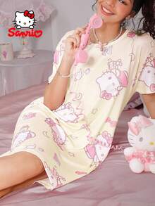 SANRIO 1件女士黄白圆领睡裙，家居服，睡衣，睡袍 - 黃色 - 查看 4