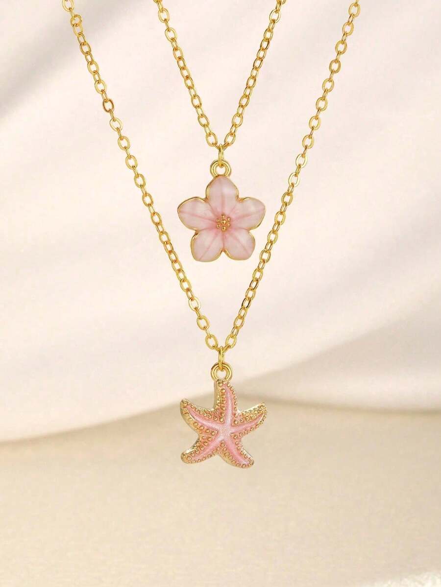 2件套花朵和海星吊坠项链，适合女性日常佩戴和海滩度假佩戴，礼品 - 粉色 - 查看 1