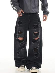 1件 Justice Brother 复古做旧破洞毛边牛仔裤，男士休闲宽松阔腿牛仔裤，嘻哈街头风 - 黑色 - 查看 5