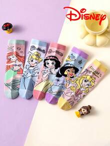 Disney 5双装儿童袜子，可爱公主款，美人鱼公主中筒袜，男女童卡通透气袜，婴儿及学生适用，圣诞礼物佳选，袜子 - 彩色 - 查看 1