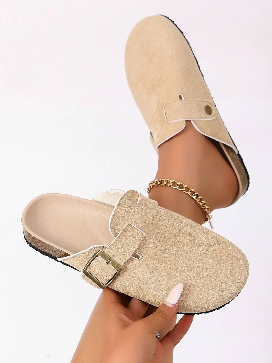 1双女士厚底搭扣凉鞋，春季新款，杏色圆头套脚绒面平底穆勒鞋，百搭户外休闲拖鞋 - 杏色 - 查看 1