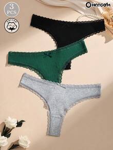 3pcs/Pack Cotton Lace Patchwork Bow Thong Panties, Seamless & Stretchy Women's Underwear - Multicolor - View 2